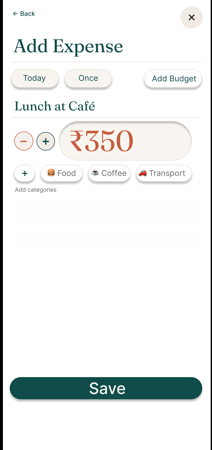 Seewise add-expense screen with a categorised transaction ready to save